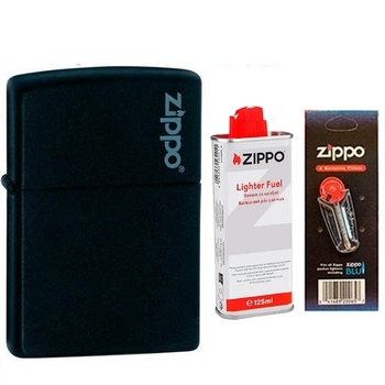 Комплект Zippo Запальничка 218 ZL BLACK MATTE w/ZIPPO LOGO + Бензин + Кремені в подарунок