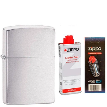 Комплект Zippo Запальничка 200 CLASSIC brushed chrome + Бензин + Кремені в подарунок