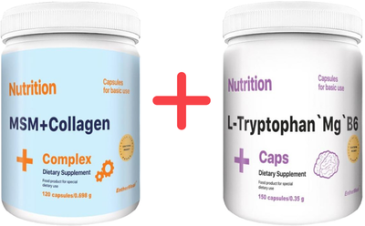 Набір EntherMeal Хондропротектор МСМ+Колаген MSM+Collagen Complex 120 капсул + Антистресовий комплекс Магній B6 + L-триптофан L-Tryptophan Mg B6 150 капсул (MSMCOLEM00122/TRMGB150AB120)