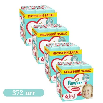 Дитячі підгузки-трусики 372 шт Pampers Premium Care Pants Giant розмір 6 (13-19 кг) Дитячі підгузники памперс пантс з еластичним поясом та захистом до 12 годин Памперси преміум трусиками для дітей з чутливою шкірою