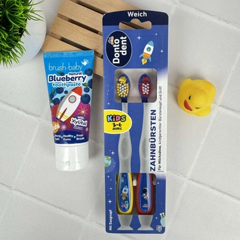 Набір Brush-Baby Dontodent Kids від 3 до 6 років (зубна паста 50 мл+зубна щітка 2 шт), ракета