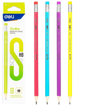 Олівець графітовий DELI U50800 HB Scribe з гумкою, неон (12) /U50800 HB/