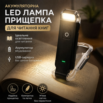 Аккумуляторная LED лампа прищепка для чтения USB, портативный фонарик для книги, 3 режима, черная