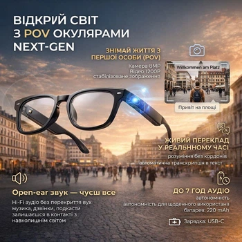 Умные очки с видеокамерой 1200P - камера 8MP, Bluetooth 5.3, перевод, аудио, запись видео AI умные очки переводчик