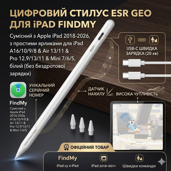 Стилус ESR Geo для iPad с поддержкой Find My: Full HD точность, наклон, быстрая зарядка USB-C, магнитное крепление, Белый