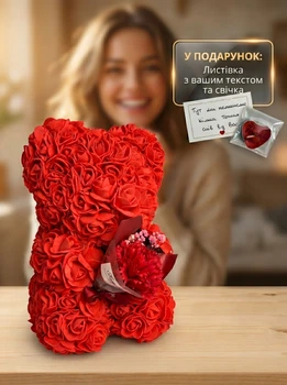 Мишка из роз 25 см красный с букетом подарок для девушки и женщины открытка и свеча в подарок