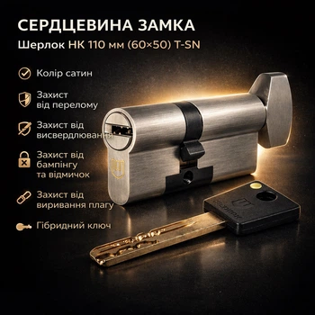 Цилиндр замка Шерлок НК 110мм (60х50)-Т-SN ключ/поворотник профильный ключ сатин