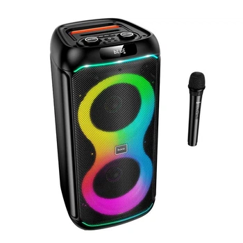 Портативная Bluetooth колонка Hoco DS73 акустика с беспроводным микрофоном, пультом ДУ и подсветкой RGB |Bluetooth 5.0, два 8-дюймовых динамика, FM/USB/AUX/TF, 40 Вт, 3600 mAh, 2-3h| Черный