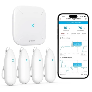 Wi-Fi гигрометр-термометр X-Sense STH55 для дома, контроль температуры и влажности через приложение, 4 сенсора, база, совместимый с Alexa, передача данных, до 500 м