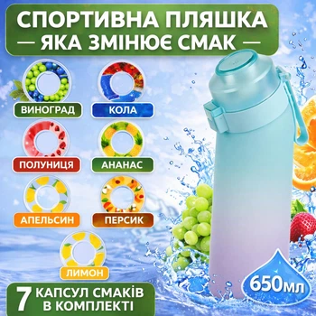Спортивна пляшка 650 мл, яка змінює смак води, 7 капсул-смаків в комплекті, Блакитно-рожева