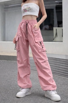Женские широкие карго штаны oversize с карманами L — модные трендовые брюки свободного кроя в стиле streetwear