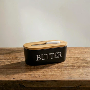 Масленка фарфоровая с бамбуковой крышкой и ножом шпателем для масла Butter 19х10х8 см аксессуар для хранения сливочного масла на кухне Черный