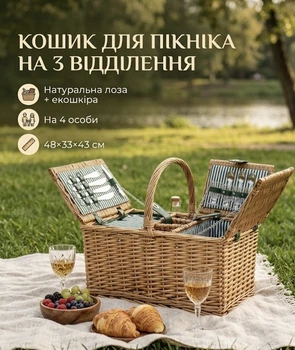 Набор для пикника 48*33*43 см на 4 персоны 3 отделения с термосумкой материал лоза экокожа текстиль диаметр миски 18 см