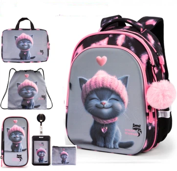 Рюкзак школьный ортопедический 6 в 1 для девочки School Standard 38х30х18 см с Котом для первоклассниц (SET 150-28)