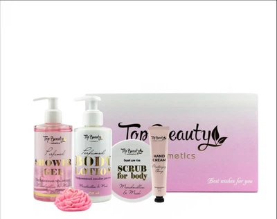 Набор для ухода за кожей тела Top Beauty: Гель для душа Top Beauty Marshmallow & Musk 250 мл + Лосьон Top Beauty Marshmallow & Musk 250 мл + Скраб Top Beauty Marshmallow & Musk 250 мл + Крем для рук Top Beauty Moisturizing Cherry 40 мл + Свеча