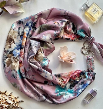 Шовковий платок My Scarf "Розова перлина" 90 на 90 см з камінням розовий кварц і амазоніт