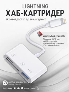 OTG адаптер Lightning 3в1 хаб-картридер для iPhone/iPad, USB+SD+TF, переходник для флешки iOS, белый