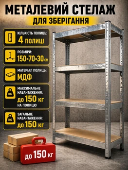 Стелаж металевий для гаража 4 полиці 150×70×30 см до 150 кг на полицю GWI7792 для майстерні складу підвалу кладовки розбірний органайзер для зберігання інструментів коробок побутових речей міцна універсальна полиця