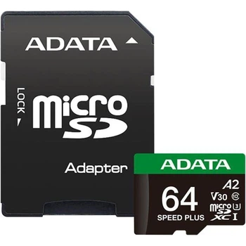 Карта памъяти microSDXC (UHS-1 U3) A-DATA SPEED PLUS 64Gb Class 10 V30 A2 (R-160Mb/s W140Mb/s) (adapter SD)