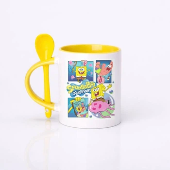 Чашка керамическая с ложкой глянцевая SpongeBob SquarePants Губка Боб квадратные штаны 330 мл (ГБ10366)