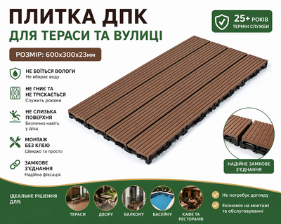 Плитка из ДПК для улицы и бассейна 600×300 мм, нескользящая, влагостойкая, шип-паз