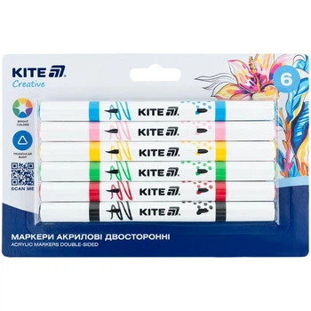 Маркеры акриловые Kite Creative двусторонние круглая и кисточка 6 шт ассорти (K-1293)