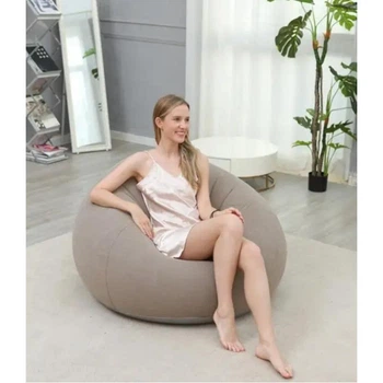 Надувное кресло пуф Inflatable Sofa бежевое кресло мешок 110x110x85 см с насосом велюровое ПВХ кресло для дома дачи отдыха кемпинга до 150 кг