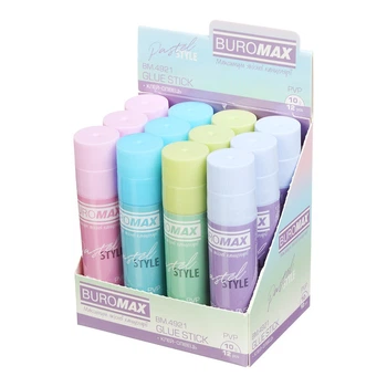 Набір клею Buromax "PASTEL" 10 г, основа PVP, 12 штук BM.4921