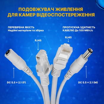 Комбинированный патч-корд, витая пара для IP видеонаблюдения, LAN RJ-45+DC, 10 метров
