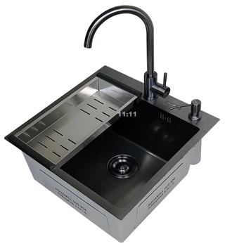 Мийка з нержавіючої сталі AQUAMILL 5050 з PVD покриттям чорна decor + змішувач + дозатор + решітка + сифон
