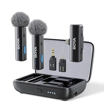 Петличный микрофон (2 шт.) BOYALINK (Type-C + Lightning+TRS 3,5 mm) Black с зарядным кейсом для iPhone/ Android/видеокамеры jack 3,5 мм профессиональный (50021)