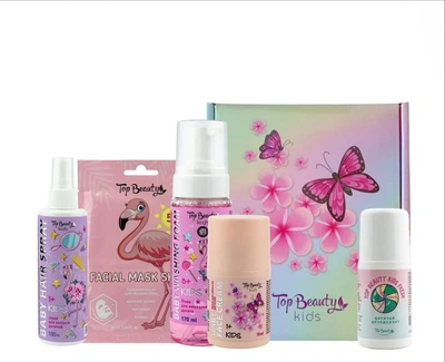 Детский набор для ухода Top Beauty Бабочки: Пенка для умывания Top Beauty Baby 170 мл + Тканевая маска Top Beauty Facial Mask 25 мл + Крем для лица Top Beauty 50 мл + Спрей Top Beauty Baby для волос 100 мл + Дезодорант Top Beauty Kids 50 мл