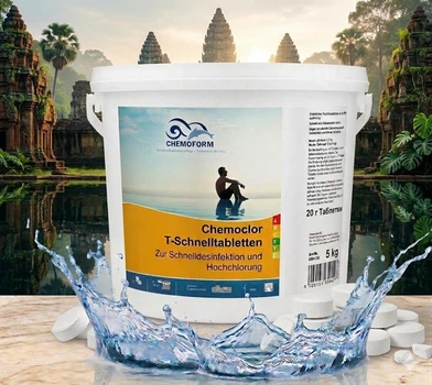Шок-хлор Chemochlor-T-Schnelltabletten 5 кг (табл. 20 г) - быстрорастворимый хлорпрепарат для ударного хлорирования