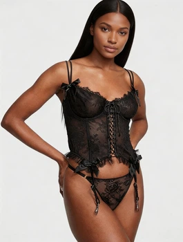 Комплект Victoria's Secret Very Sexy VS Archives Rose Lace Cropped Corset Set - Чёрный - М