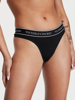 Хлопковые трусики тонг Victoria's Secret Logo Cotton Thong Panty - M - Черный