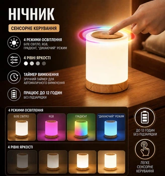 Сенсорная ночная лампа QYTEK EWNL-03 — мягкий свет, сенсорное управление, аккумулятор, RGB-подсветка
