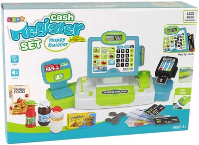 Касса магазинная LeanToys Happy Cashier с эффектами 23 элемента 511461 (1818912522430)