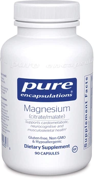 Магній цитрат/малат, Magnesium (citrate/malate), Pure Encapsulations, для підтримки засвоєння питних речовин, кісток та здоров'я серця, 90 капсул (PES-00435)