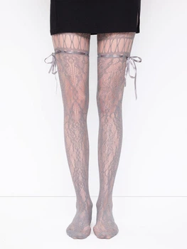 Колготи жіночі мереживні сірого кольору з декоративними зав'язками, жіночі ажурні колготки з зав'язками, one size