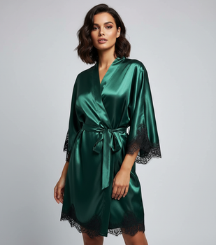 Халат атласный с черным кружевом Oversize M