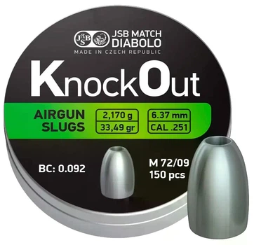 Кулі JSB KnockOut Slugs 6.37 мм (2.17 г / 33.5 gr) 150 шт, слаги для потужної PCP 40+ Дж, BC 0.092