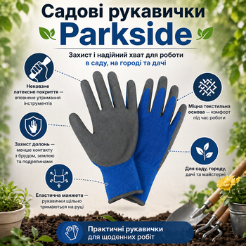 Рукавички робочі Parkside LIDL сині з латексним покриттям, нековзні для саду, городу, дачі та господарства