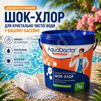 Быстрорастворимый шок-хлор AquaDoctor C-60 1 кг (гранулы) ударная дезинфекция воды, 60% активного хлора средство для бассейна