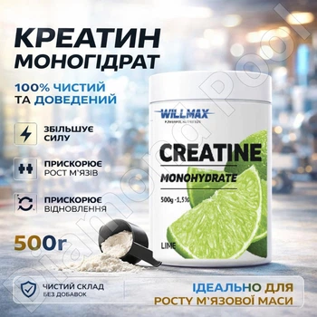 Креатин моногидрат Willmax Creatine Monohydrate 500 г лайм — спортивное питание для силы и выносливости