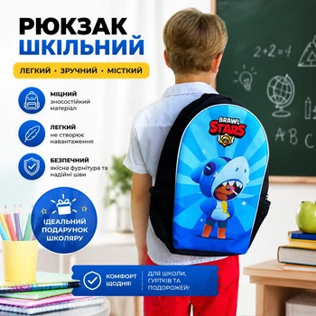 Рюкзак шкільний для хлопчика Акула Brawl Stars 40×30 см, місткий, формат A4, з м’якою спинкою, легкий дитячий рюкзак для школи