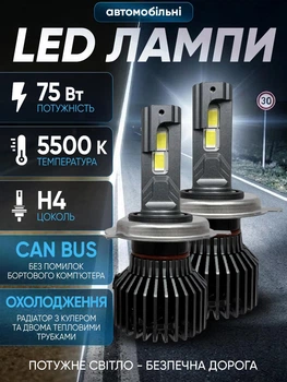 Автолампы светодиодные H4 лед лампы 75W 5500K с драйвером и обманкой CANBUS в фары автомобиля ближний дальний led свет лампочки в машину комплект 2шт охлаждение вентилятором замена галогена P43t ш4 автомобильные Michi led