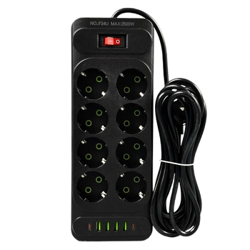 Подовжувач мережевий UA Power F34U, 8 розеток, 4USB, 2Type-C, 6 м, чорний