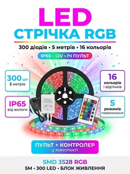 Світлодіодна стрічка RGB 3528 (5 м) з пультом та блоком живлення — Повний комплект для підсвічування