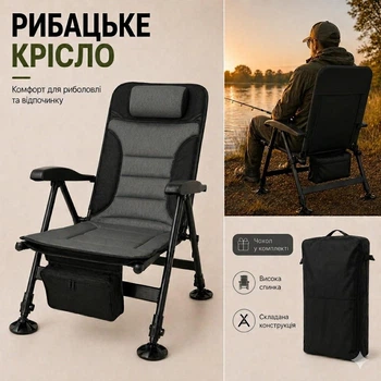 Складное рыбацкое кресло с высокой спинкой, подголовником, регулируемыми ножками и чехлом для рыбалки, кемпинга, пикника и отдыха на природе (серый/черный)