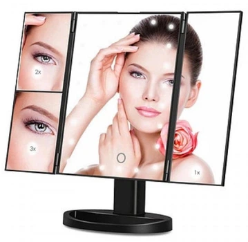 Дзеркало косметичне потрійне Superstar Magnifying Mirror, з LED підсвічуванням та підставкою, 22 лампочки, сенсорне керування, обертання на 180°, чорне
